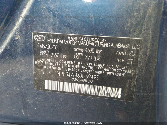 Photo 8 VIN: 5NPE34AB6JH694931 - HYUNDAI SONATA 