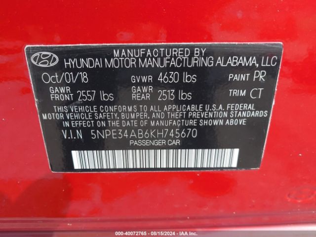 Photo 8 VIN: 5NPE34AB6KH745670 - HYUNDAI SONATA 