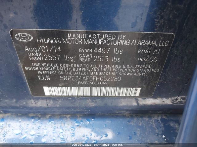 Photo 8 VIN: 5NPE34AF0FH052280 - HYUNDAI SONATA 