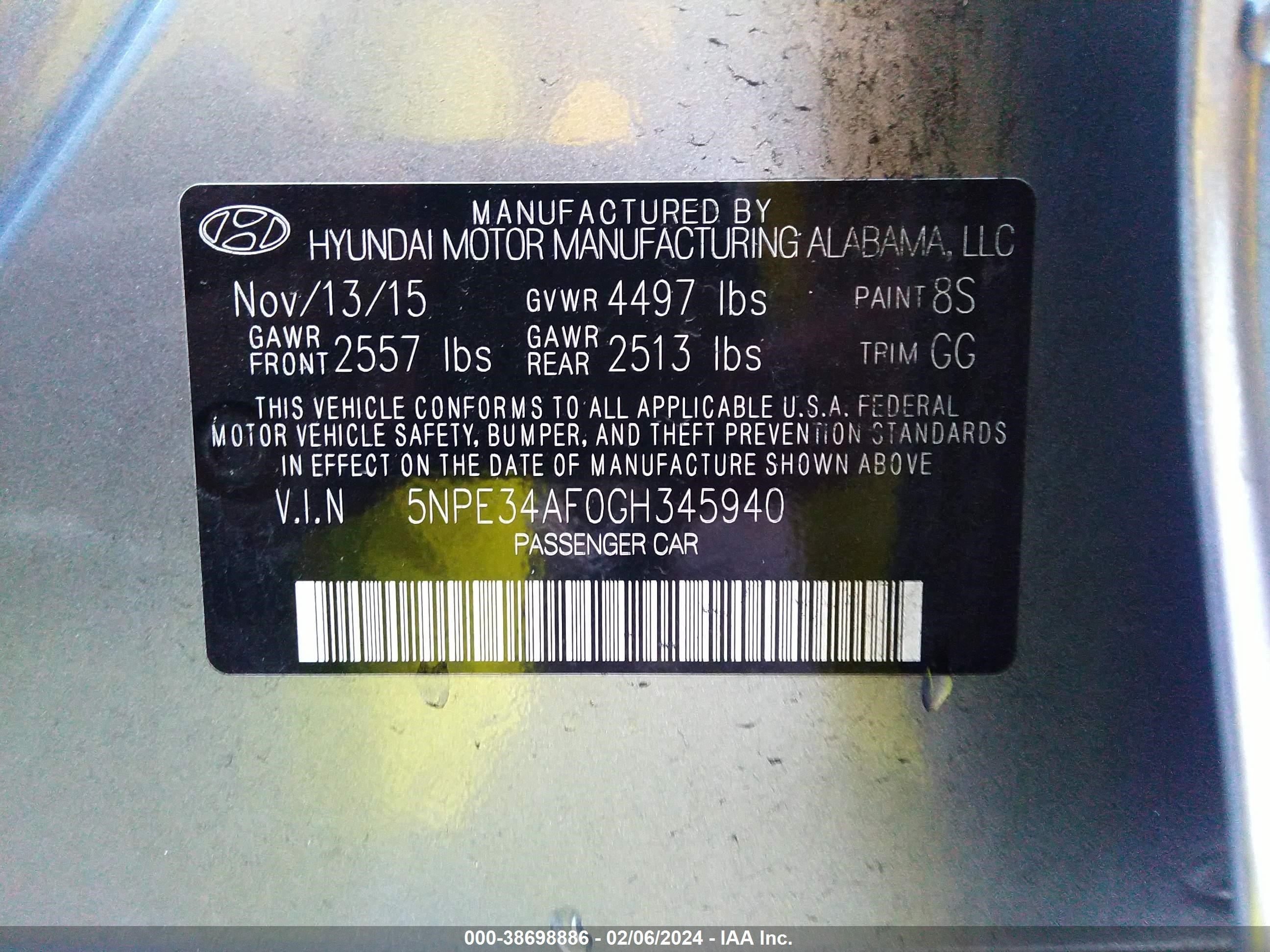 Photo 8 VIN: 5NPE34AF0GH345940 - HYUNDAI SONATA 