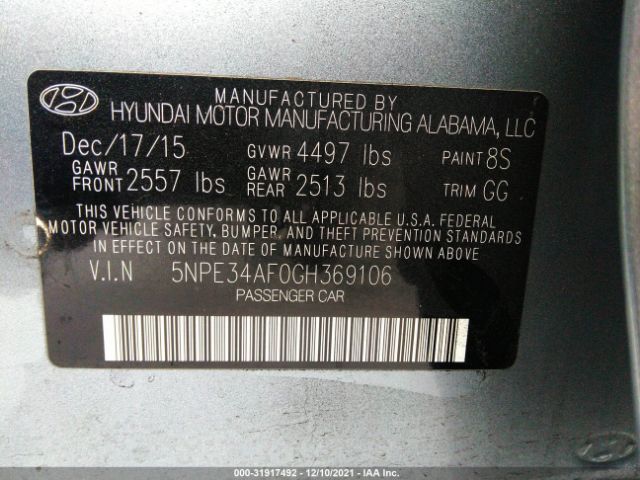 Photo 8 VIN: 5NPE34AF0GH369106 - HYUNDAI SONATA 