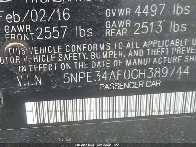 Photo 8 VIN: 5NPE34AF0GH389744 - HYUNDAI SONATA 