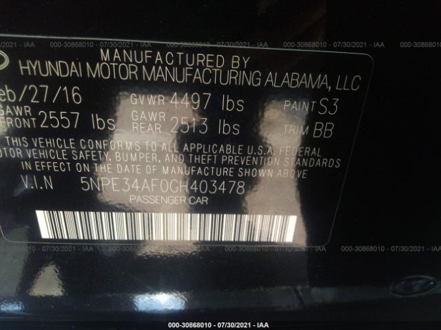 Photo 8 VIN: 5NPE34AF0GH403478 - HYUNDAI SONATA 