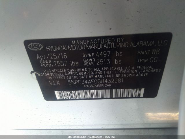 Photo 8 VIN: 5NPE34AF0GH432981 - HYUNDAI SONATA 