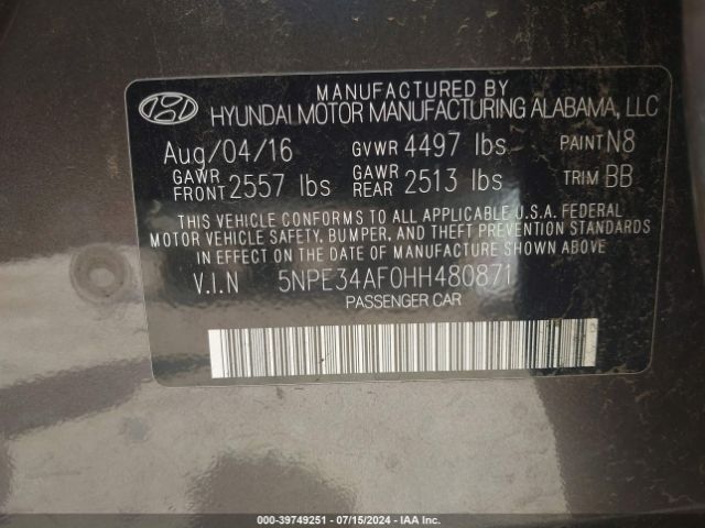 Photo 8 VIN: 5NPE34AF0HH480871 - HYUNDAI SONATA 