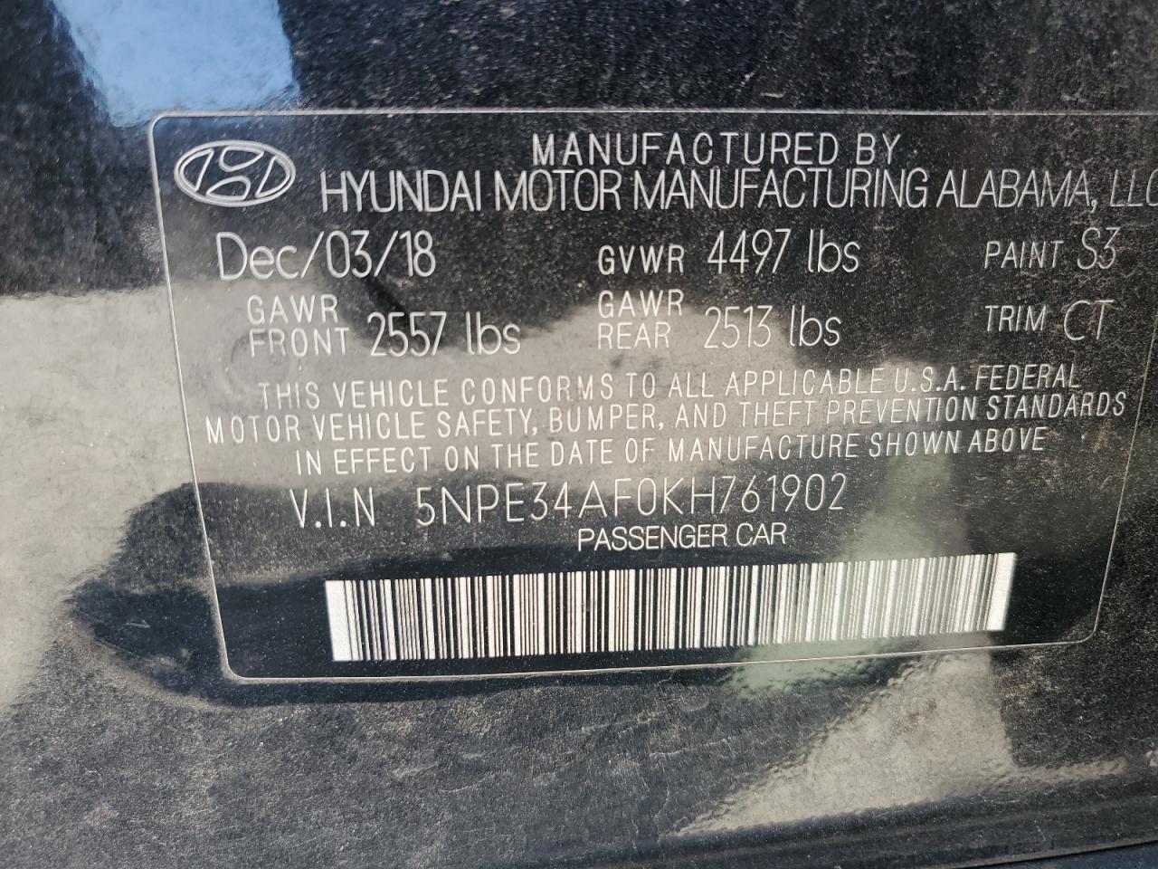 Photo 11 VIN: 5NPE34AF0KH761902 - HYUNDAI SONATA 