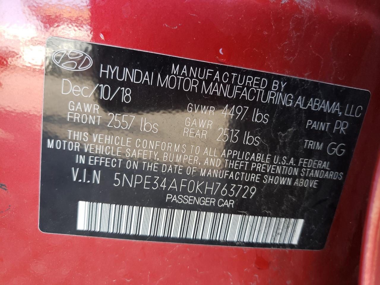 Photo 11 VIN: 5NPE34AF0KH763729 - HYUNDAI SONATA 