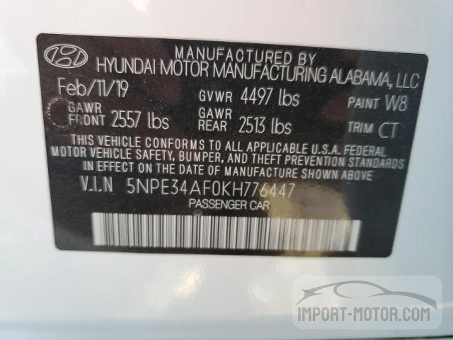 Photo 11 VIN: 5NPE34AF0KH776447 - HYUNDAI SONATA 