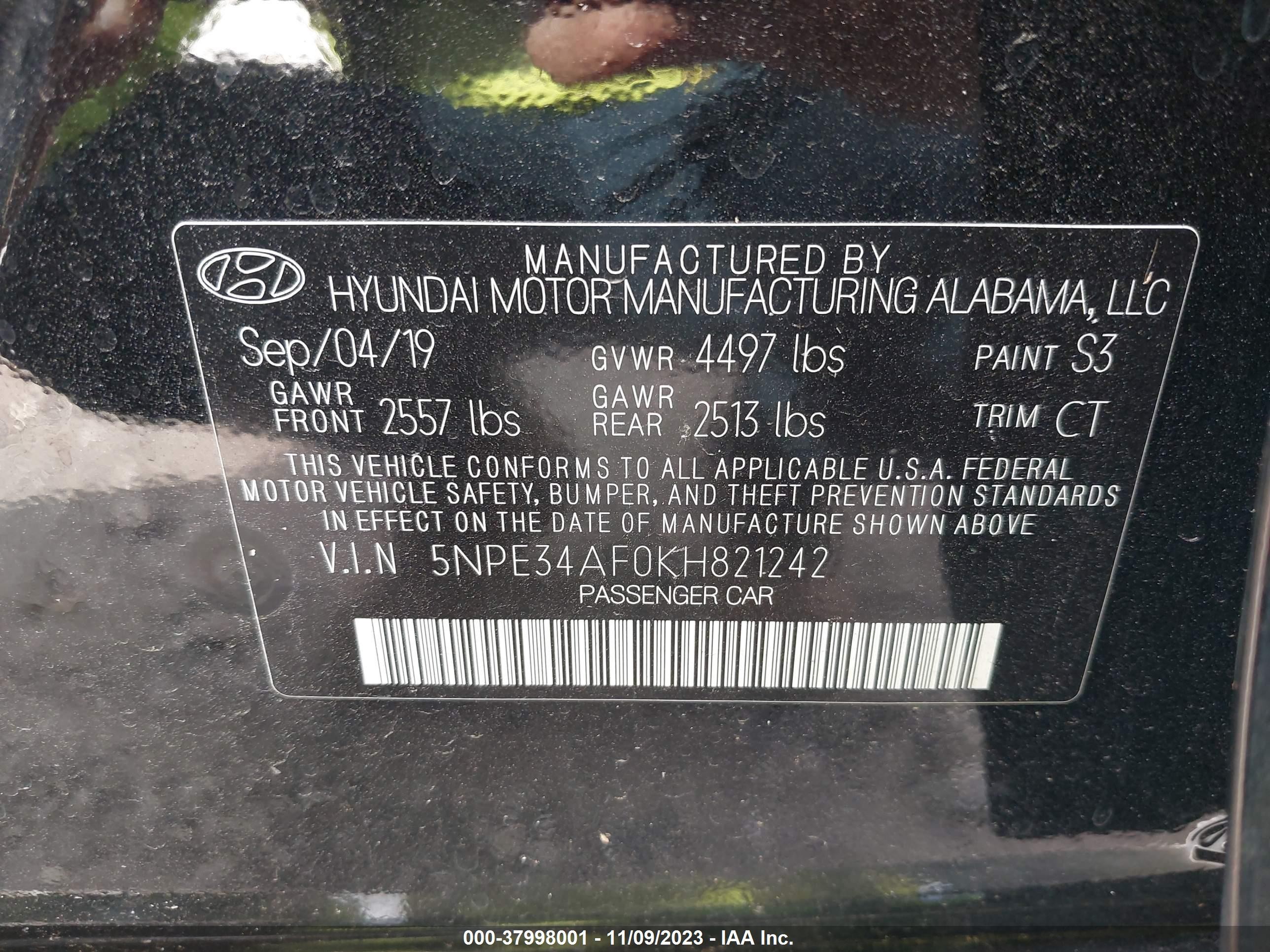 Photo 8 VIN: 5NPE34AF0KH821242 - HYUNDAI SONATA 