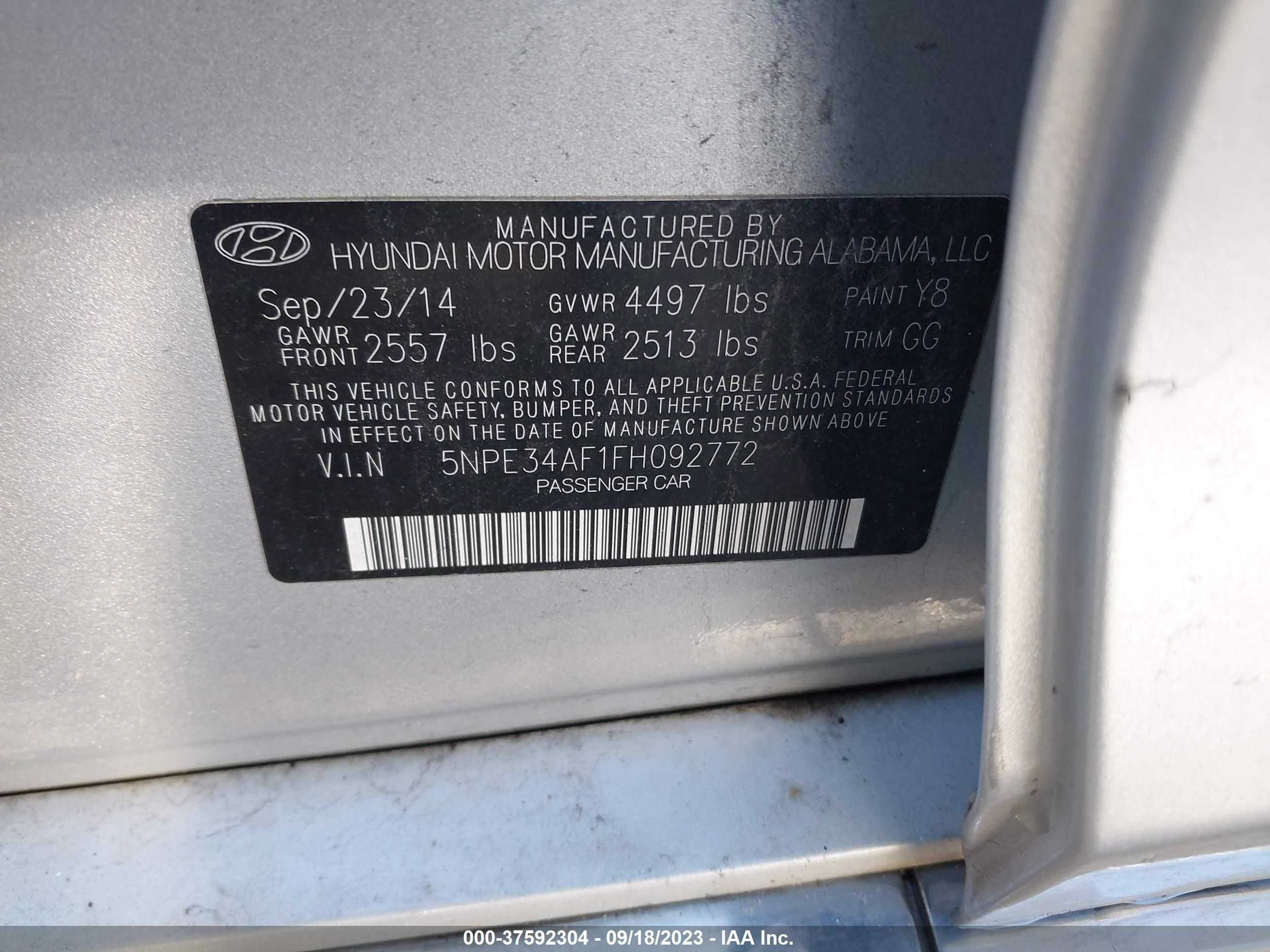 Photo 8 VIN: 5NPE34AF1FH092772 - HYUNDAI SONATA 