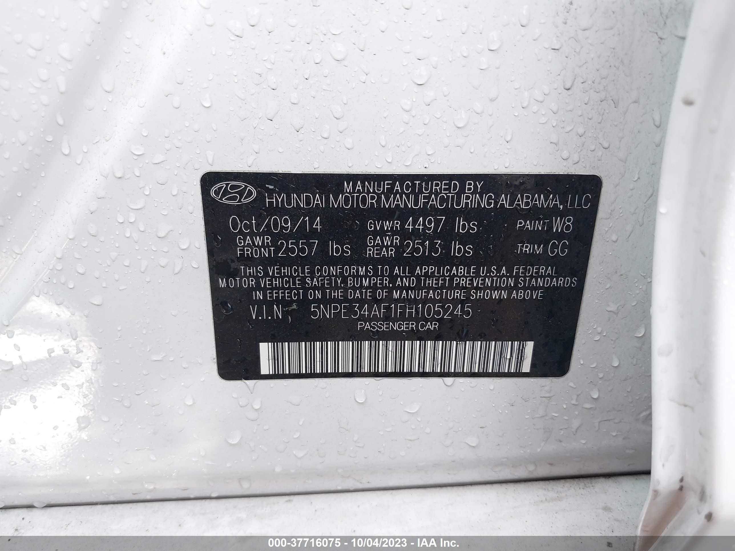 Photo 8 VIN: 5NPE34AF1FH105245 - HYUNDAI SONATA 