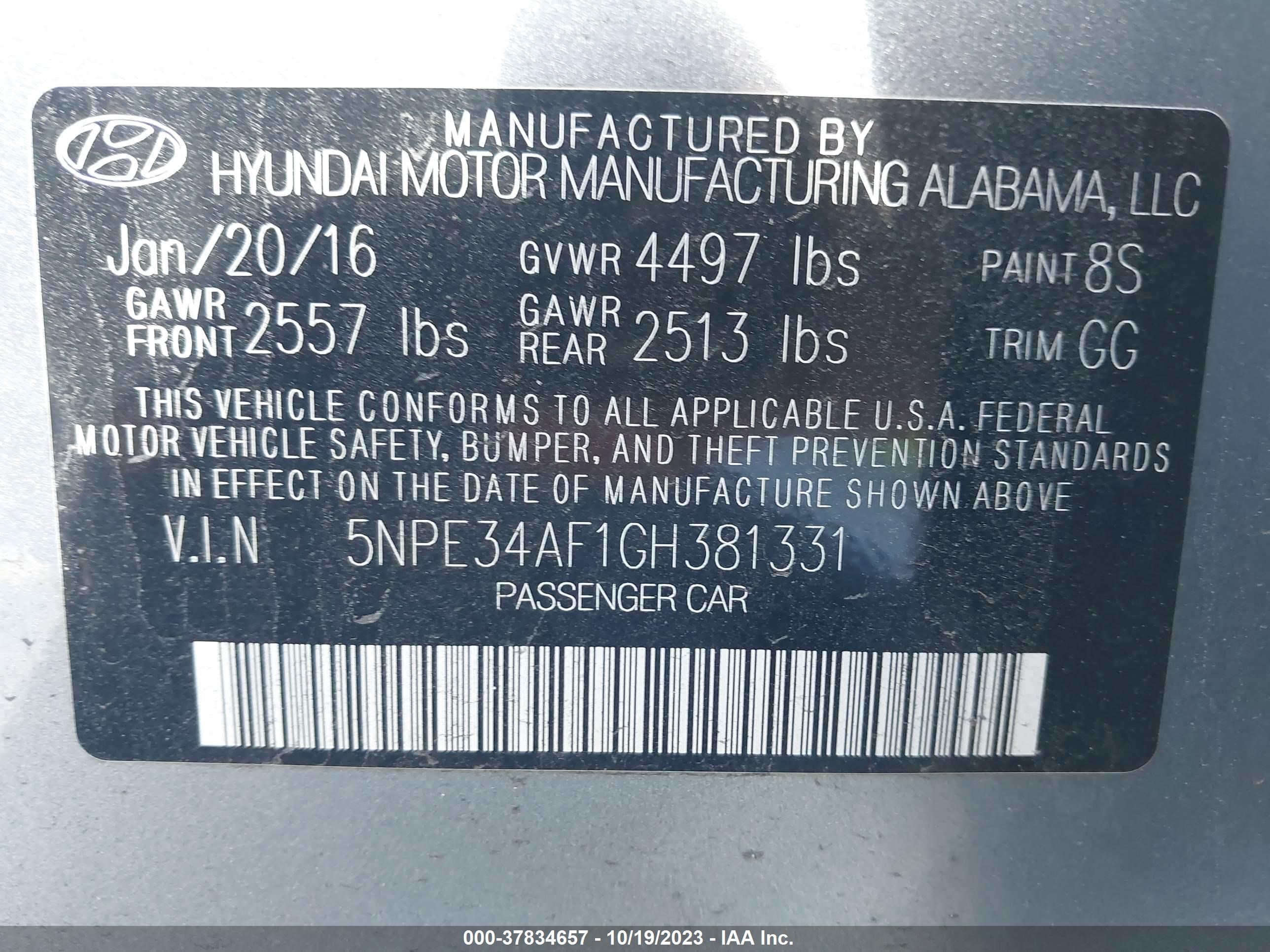 Photo 8 VIN: 5NPE34AF1GH381331 - HYUNDAI SONATA 