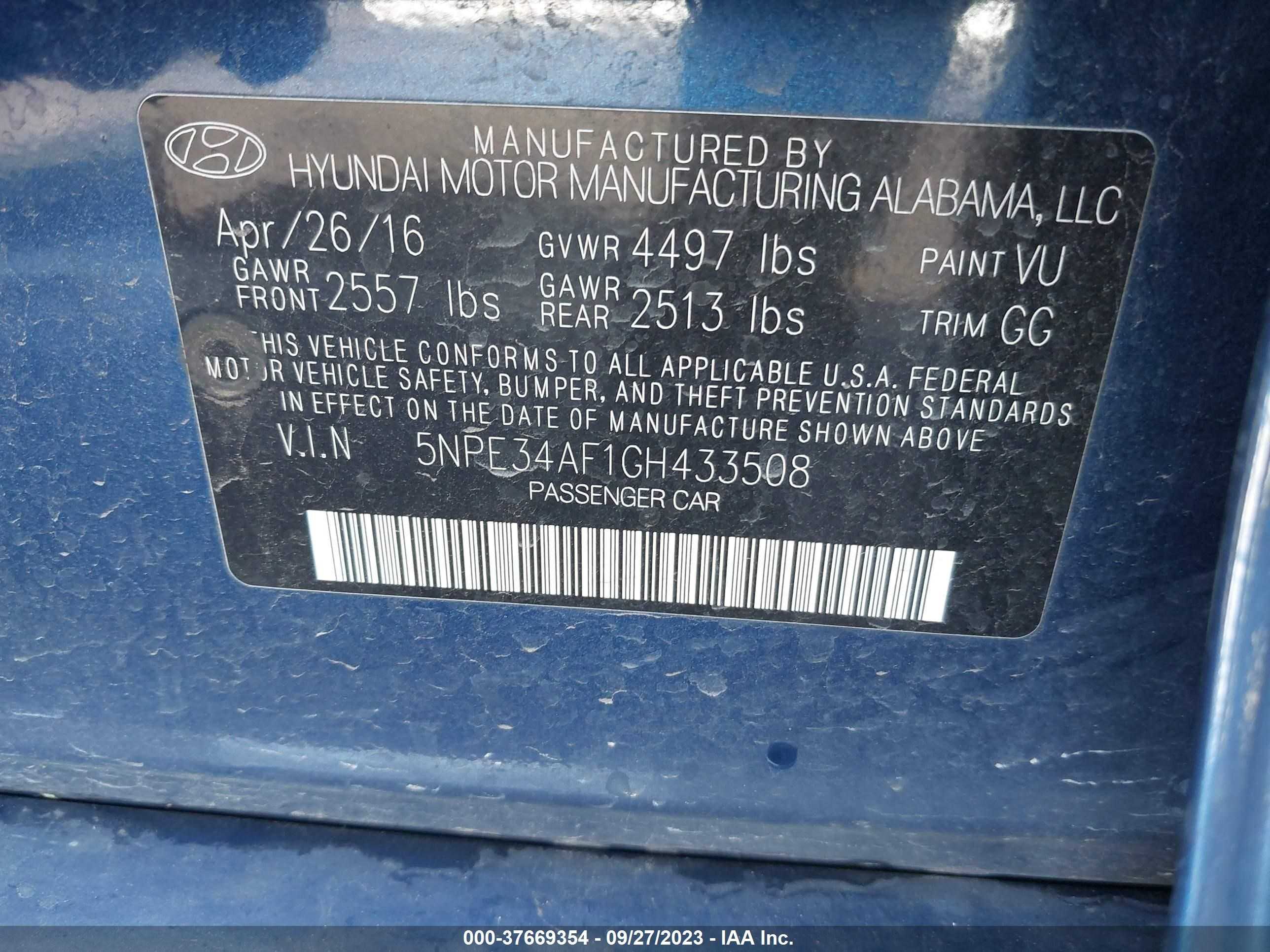 Photo 8 VIN: 5NPE34AF1GH433508 - HYUNDAI SONATA 