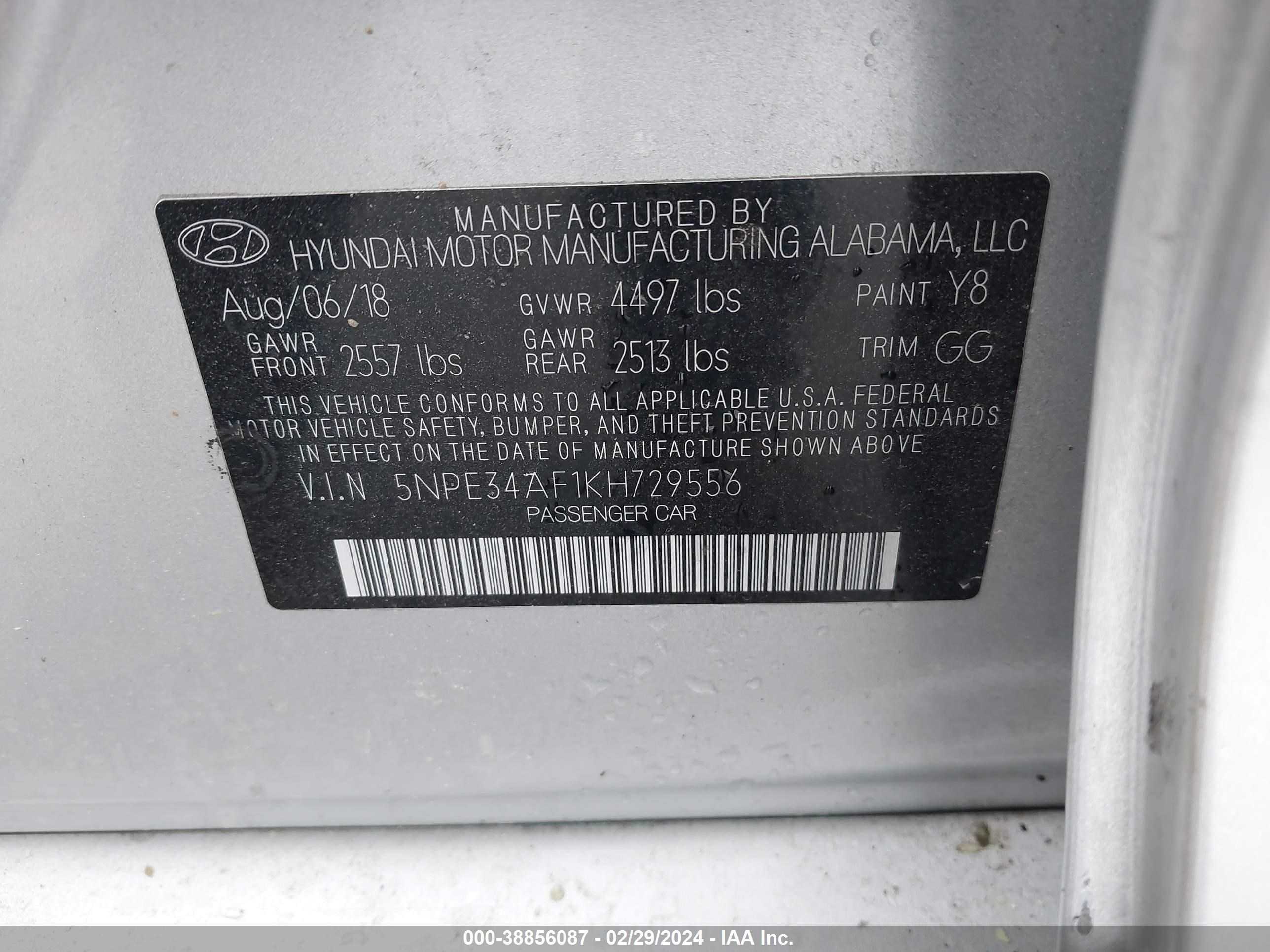 Photo 8 VIN: 5NPE34AF1KH729556 - HYUNDAI SONATA 