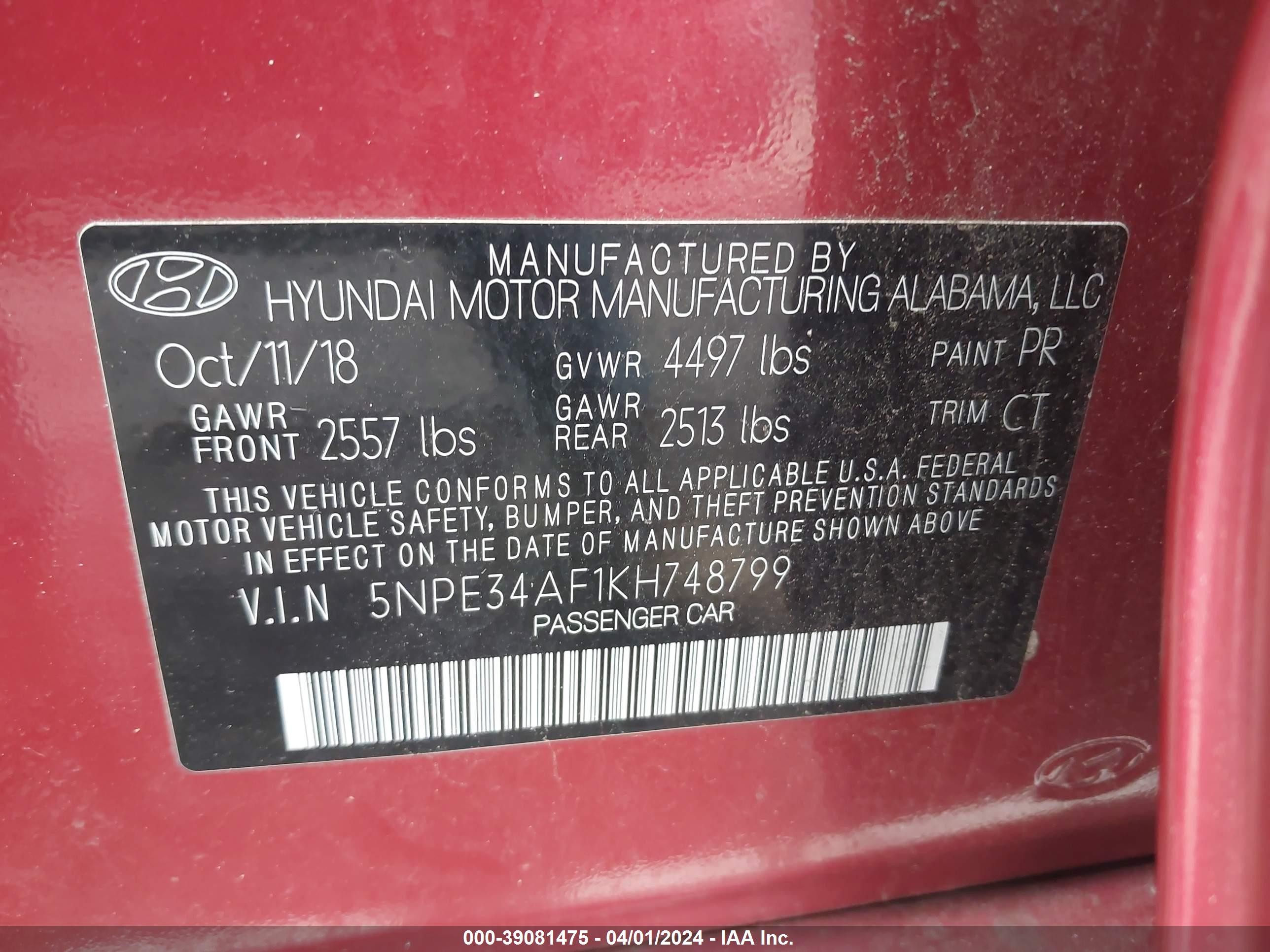 Photo 8 VIN: 5NPE34AF1KH748799 - HYUNDAI SONATA 