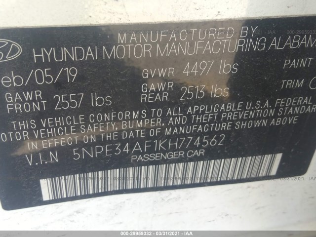 Photo 8 VIN: 5NPE34AF1KH774562 - HYUNDAI SONATA 