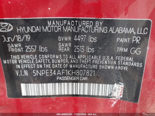 Photo 8 VIN: 5NPE34AF1KH807821 - HYUNDAI SONATA 