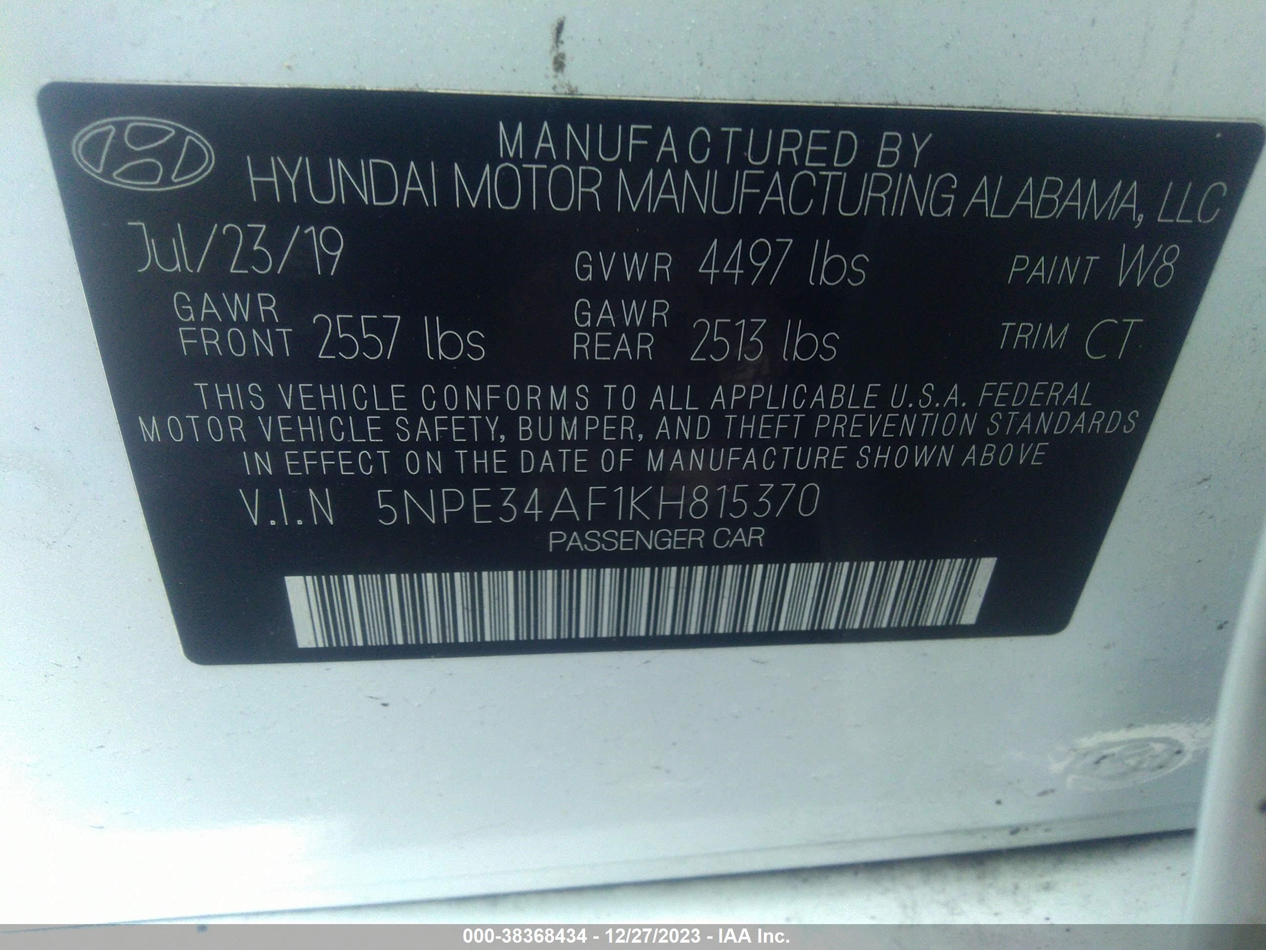 Photo 8 VIN: 5NPE34AF1KH815370 - HYUNDAI SONATA 