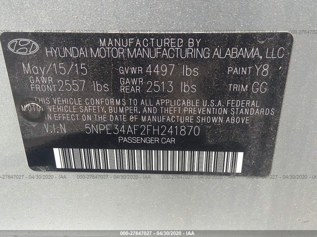 Photo 8 VIN: 5NPE34AF2FH241870 - HYUNDAI SONATA 