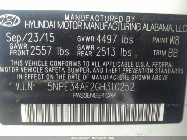 Photo 8 VIN: 5NPE34AF2GH310252 - HYUNDAI SONATA 