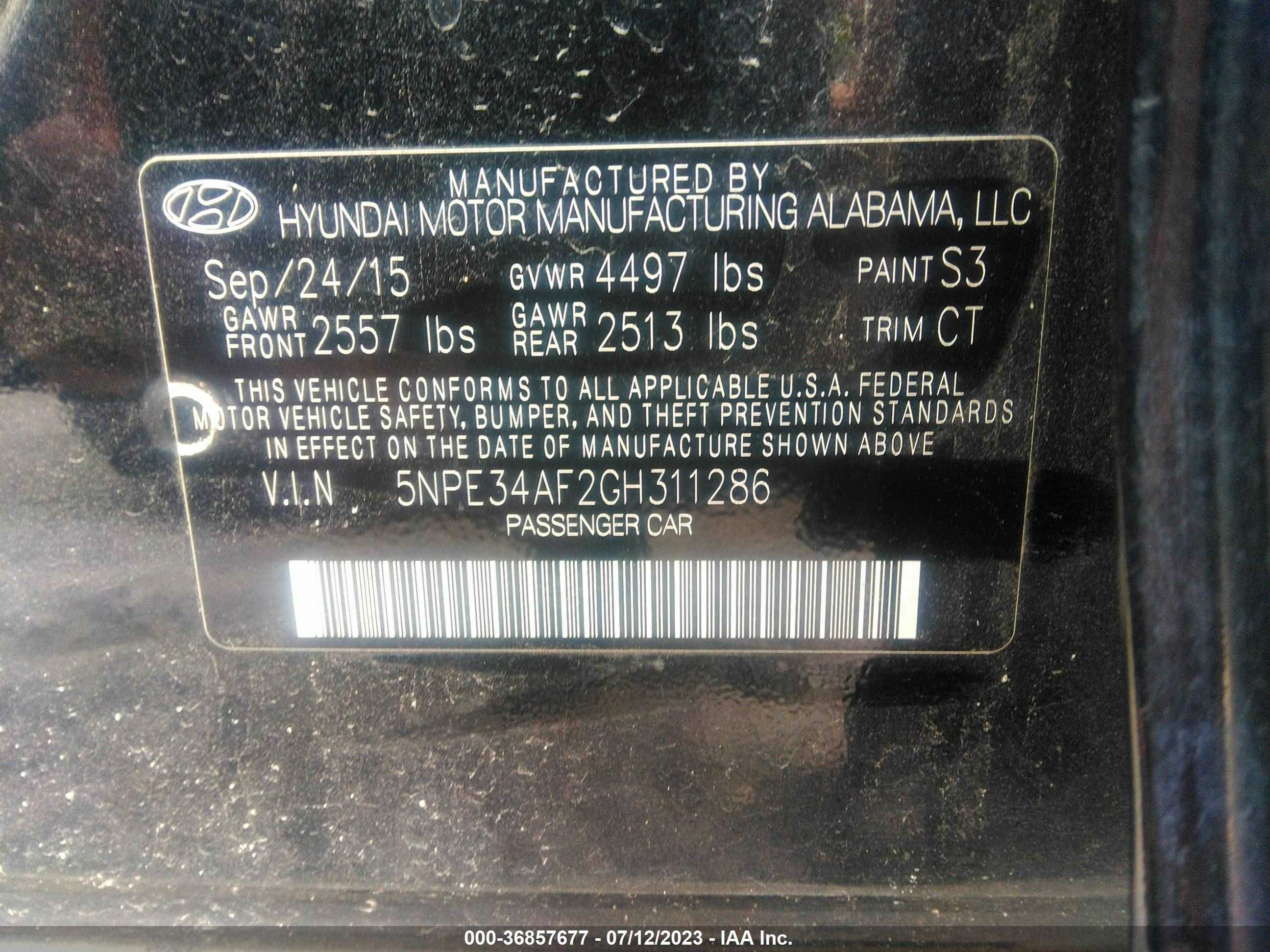 Photo 8 VIN: 5NPE34AF2GH311286 - HYUNDAI SONATA 