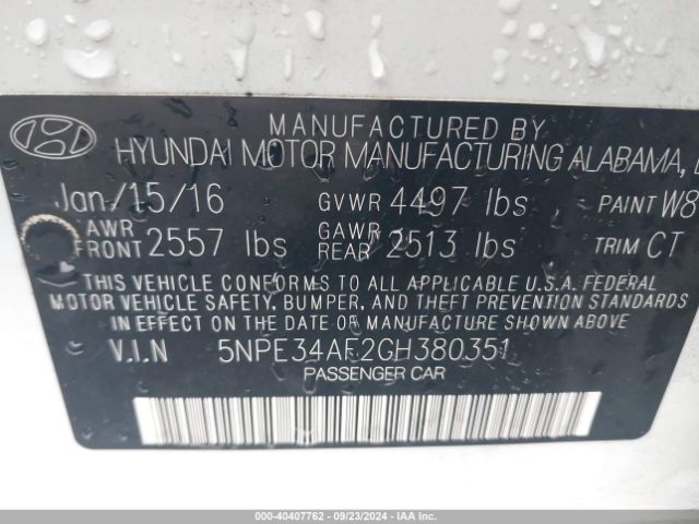 Photo 8 VIN: 5NPE34AF2GH380351 - HYUNDAI SONATA 