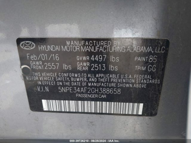 Photo 8 VIN: 5NPE34AF2GH388658 - HYUNDAI SONATA 