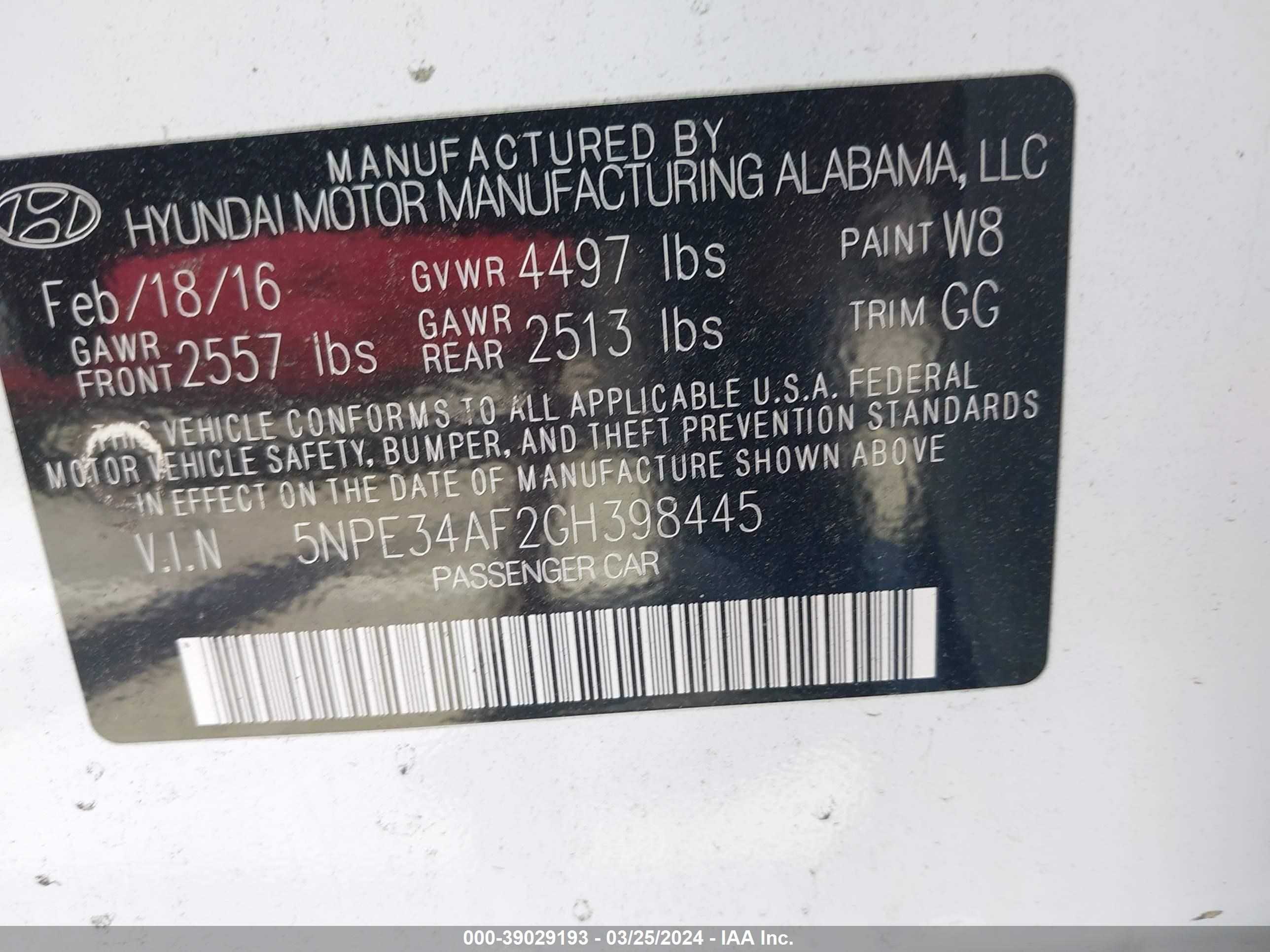 Photo 6 VIN: 5NPE34AF2GH398445 - HYUNDAI SONATA 