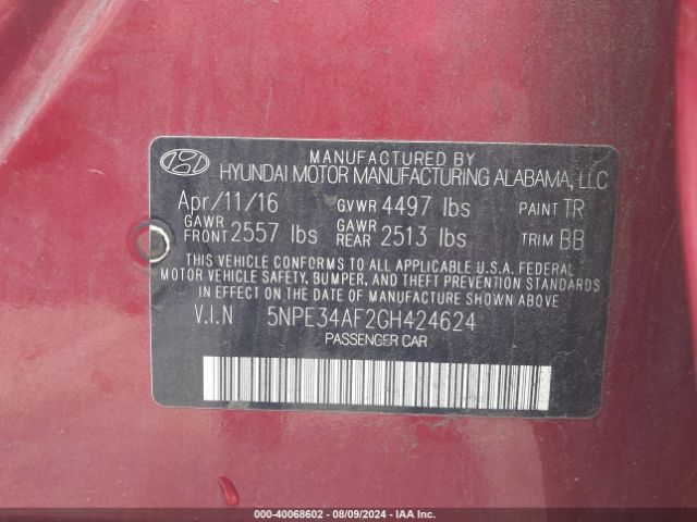 Photo 8 VIN: 5NPE34AF2GH424624 - HYUNDAI SONATA 