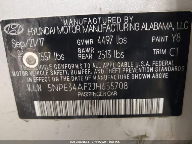 Photo 8 VIN: 5NPE34AF2JH655708 - HYUNDAI SONATA 