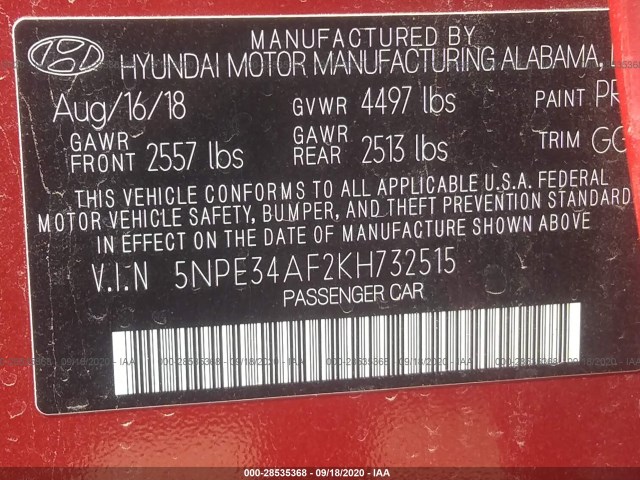 Photo 8 VIN: 5NPE34AF2KH732515 - HYUNDAI SONATA 