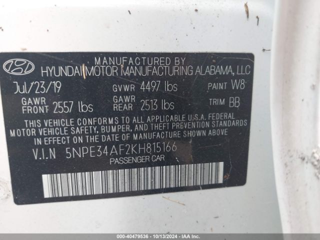 Photo 8 VIN: 5NPE34AF2KH815166 - HYUNDAI SONATA 