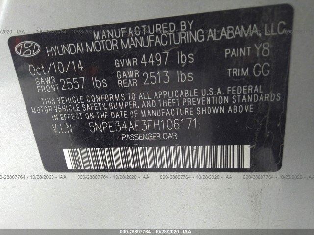 Photo 8 VIN: 5NPE34AF3FH106171 - HYUNDAI SONATA 