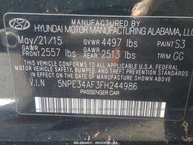 Photo 8 VIN: 5NPE34AF3FH244986 - HYUNDAI SONATA 