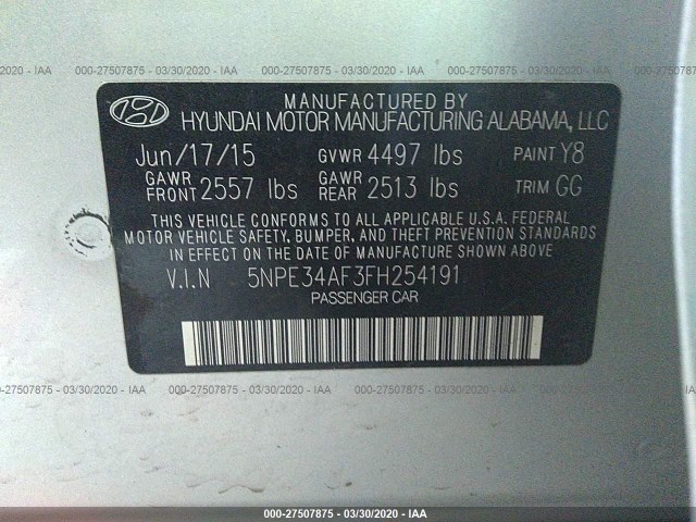 Photo 8 VIN: 5NPE34AF3FH254191 - HYUNDAI SONATA 