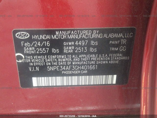 Photo 8 VIN: 5NPE34AF3GH401661 - HYUNDAI SONATA 