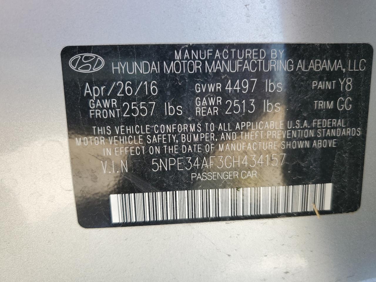 Photo 11 VIN: 5NPE34AF3GH434157 - HYUNDAI SONATA 