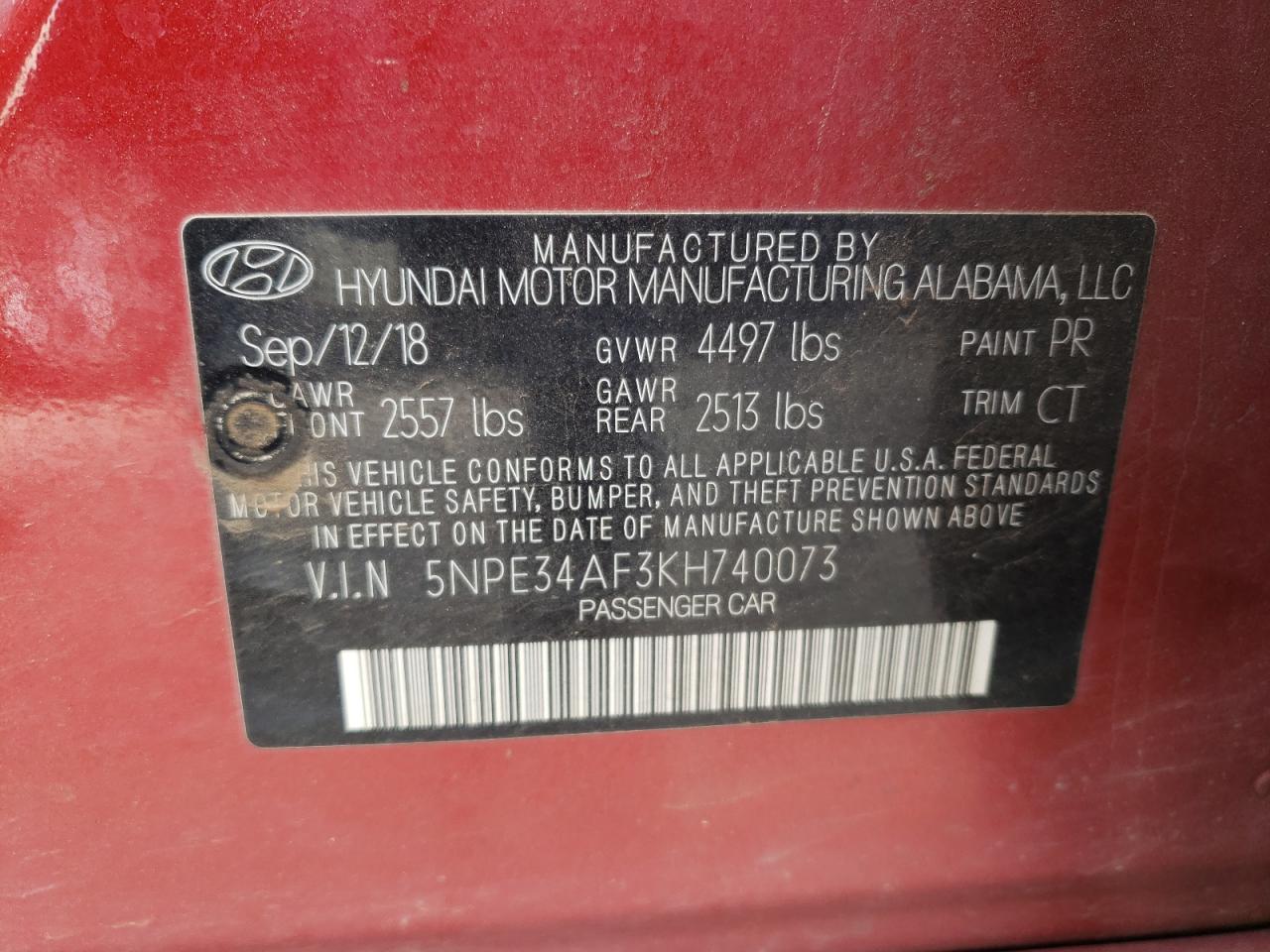 Photo 11 VIN: 5NPE34AF3KH740073 - HYUNDAI SONATA 