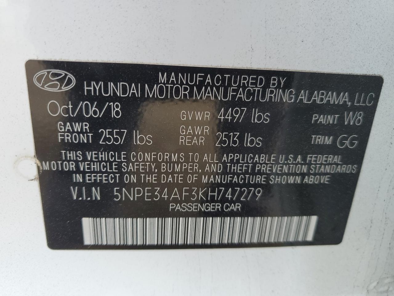 Photo 11 VIN: 5NPE34AF3KH747279 - HYUNDAI SONATA 