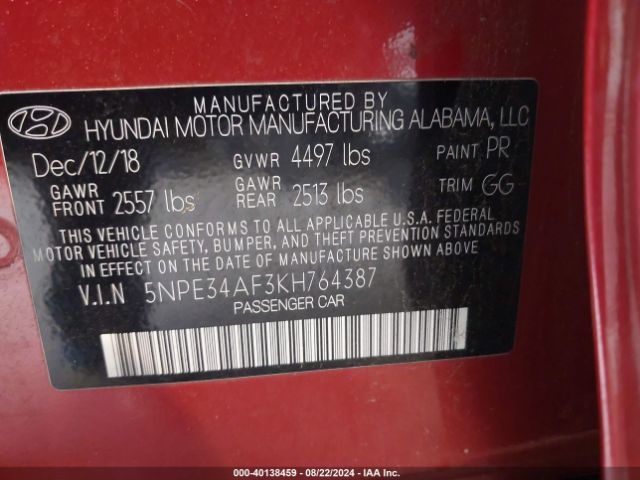 Photo 8 VIN: 5NPE34AF3KH764387 - HYUNDAI SONATA 