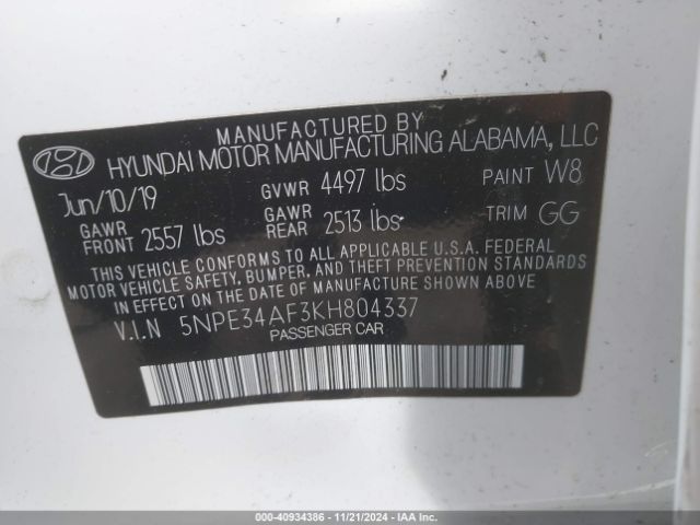 Photo 8 VIN: 5NPE34AF3KH804337 - HYUNDAI SONATA 