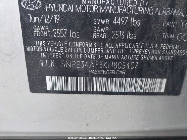 Photo 8 VIN: 5NPE34AF3KH805407 - HYUNDAI SONATA 