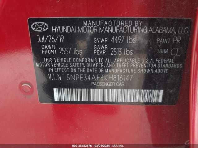 Photo 8 VIN: 5NPE34AF3KH816147 - HYUNDAI SONATA 