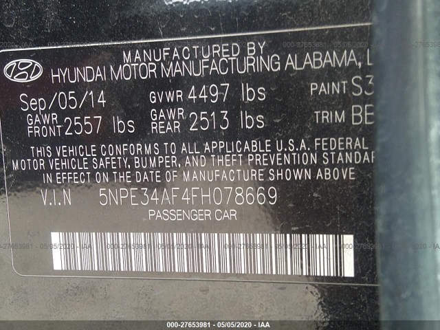 Photo 8 VIN: 5NPE34AF4FH078669 - HYUNDAI SONATA 