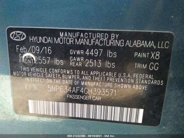 Photo 8 VIN: 5NPE34AF4GH393571 - HYUNDAI SONATA 