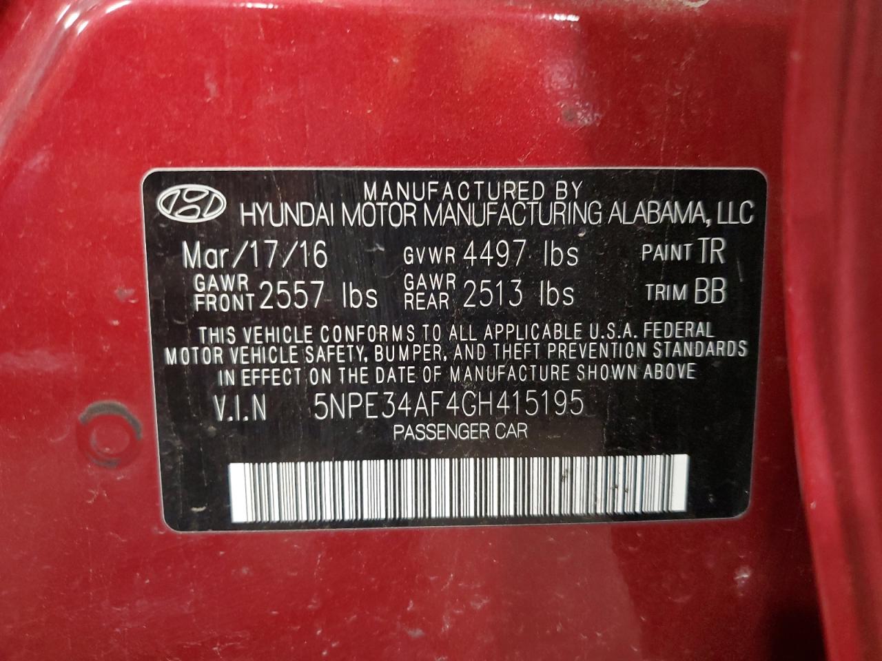 Photo 11 VIN: 5NPE34AF4GH415195 - HYUNDAI SONATA 