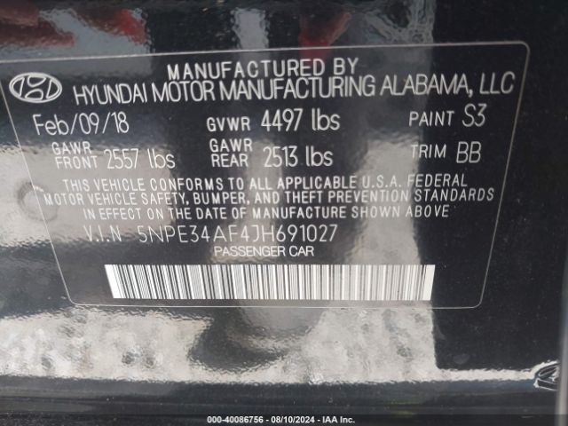 Photo 8 VIN: 5NPE34AF4JH691027 - HYUNDAI SONATA 