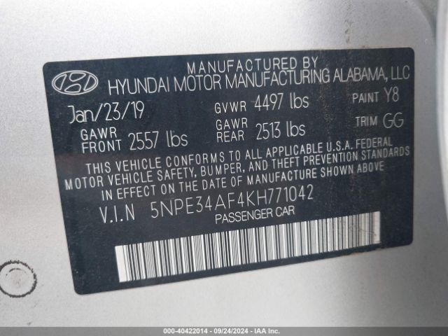 Photo 8 VIN: 5NPE34AF4KH771042 - HYUNDAI SONATA 