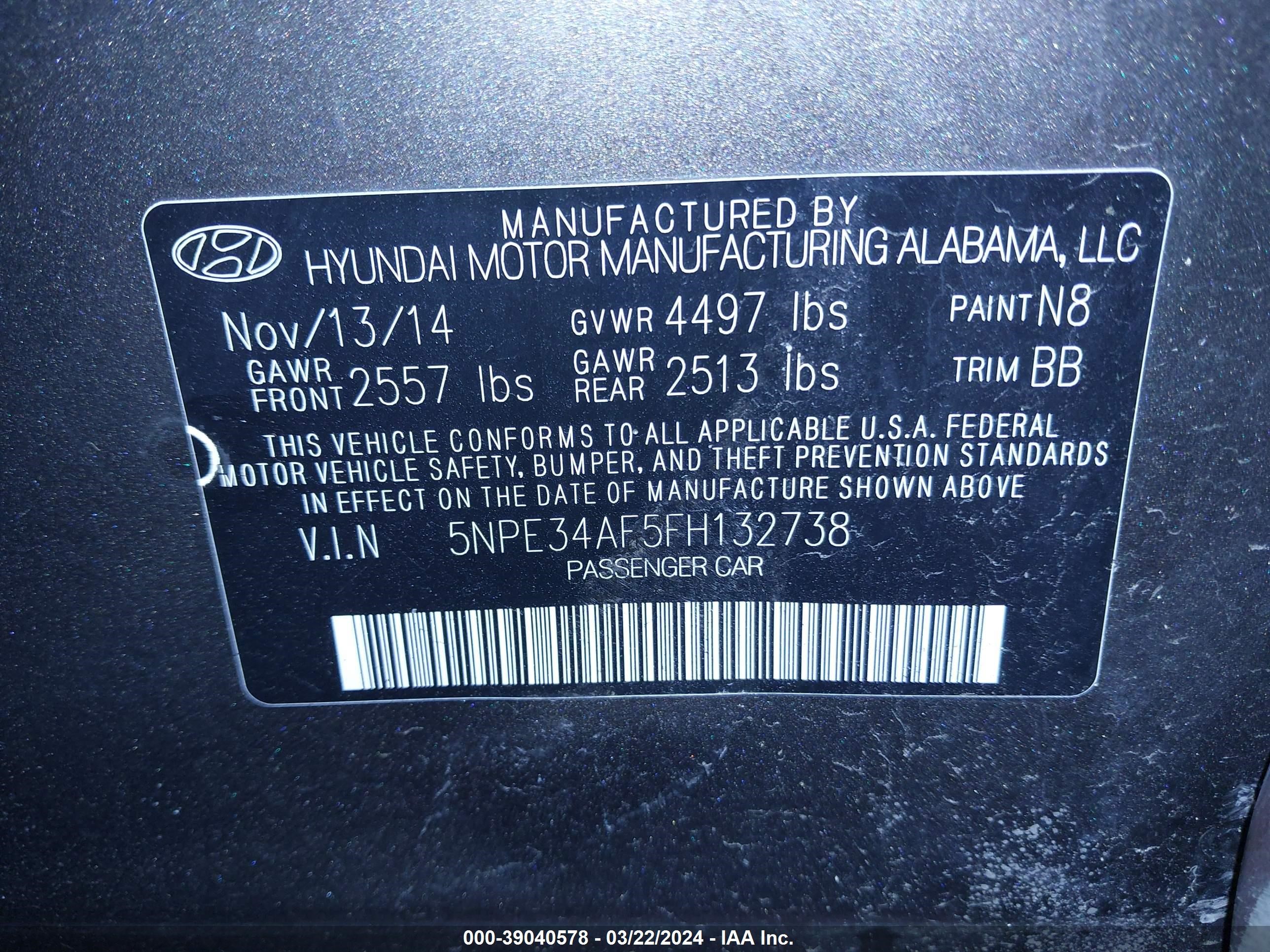 Photo 8 VIN: 5NPE34AF5FH132738 - HYUNDAI SONATA 