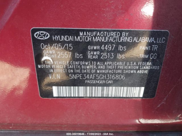 Photo 8 VIN: 5NPE34AF5GH316806 - HYUNDAI SONATA 